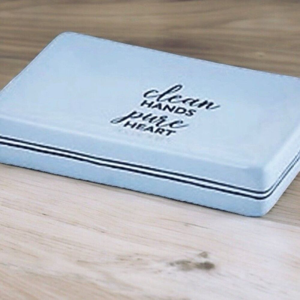 Soap Dish Decor Clean Hands Pure Heart Blue & White Ceramic Christian Religious